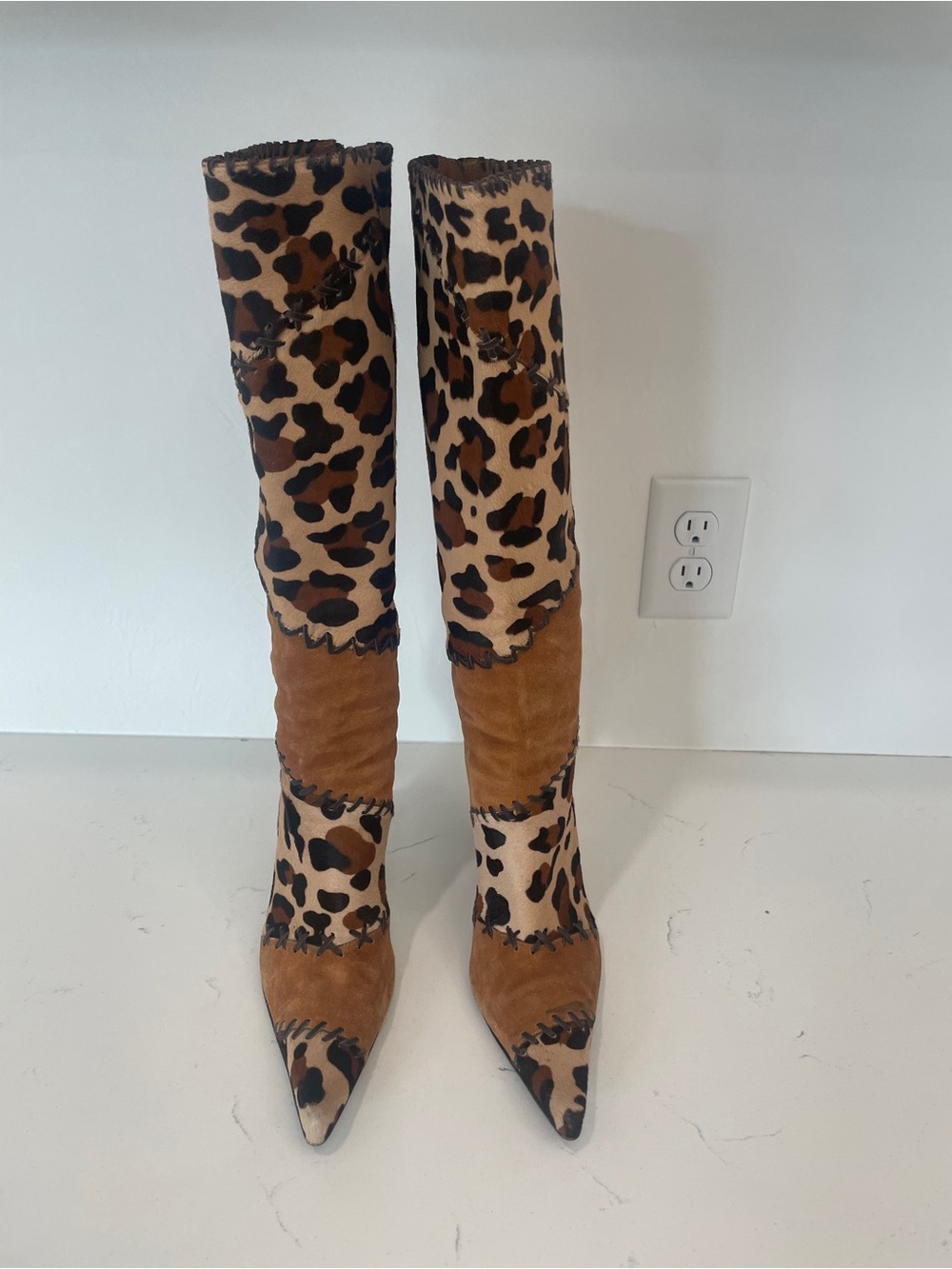 Casadei Leopard Pony Hair and Brown Suede Knee-High Stiletto Boots - Picture 2 of 13